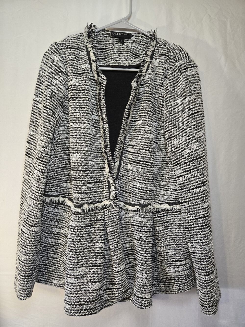 Lane Bryant US Womens Plus Size 16 Jacket Tweed Pocket Plaid Fringe Black White
